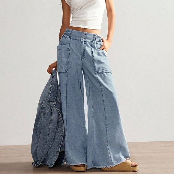 Blue Casual Women's Woven Loose Wide Leg Pants Wide Leg Oversized Baggy Jeans